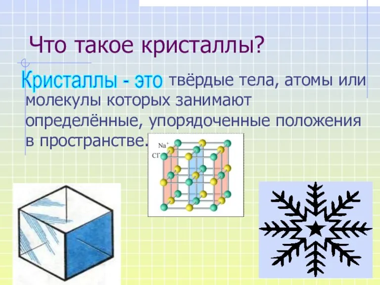 Что такое кристаллы? твёрдые тела, атомы или молекулы которых занимают определённые, упорядоченные