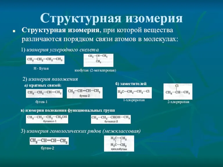 Структурная изомерия Структурная изомерия, при которой вещества различаются порядком связи атомов в