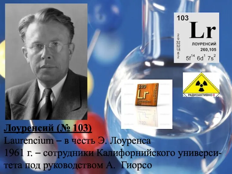 Лоуренсий (№ 103) Laurencium – в честь Э. Лоуренса 1961 г. –