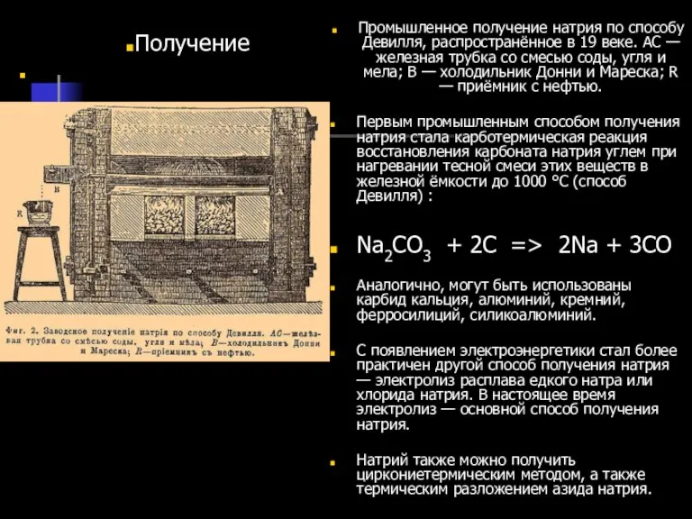 Промышленное получение натрия по способу Девилля, распространённое в 19 веке. AC —