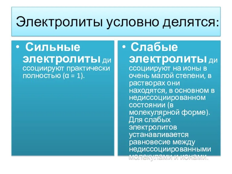 Электролиты условно делятся: Сильные электролиты диссоциируют практически полностью (α = 1). Слабые