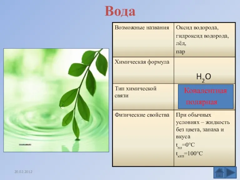 Вода H2O Ковалентная полярная