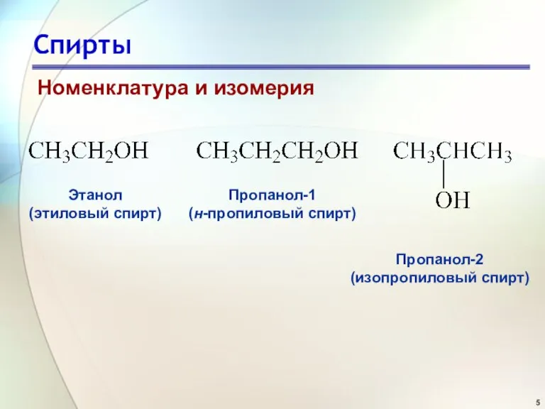 Спирты Номенклатура и изомерия Этанол (этиловый спирт) Пропанол-1 (н-пропиловый спирт) Пропанол-2 (изопропиловый спирт)