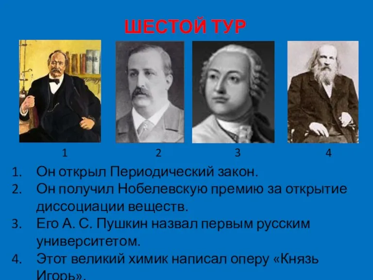 ШЕСТОЙ ТУР Он открыл Периодический закон. Он получил Нобелевскую премию за открытие