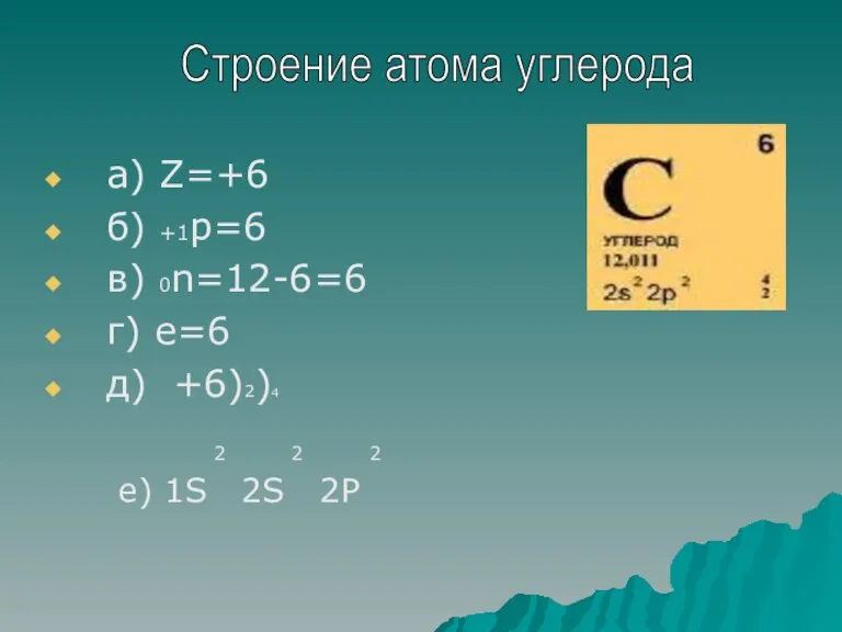 а) Z=+6 б) +1р=6 в) 0n=12-6=6 г) е=6 д) +6)2)4 2 2