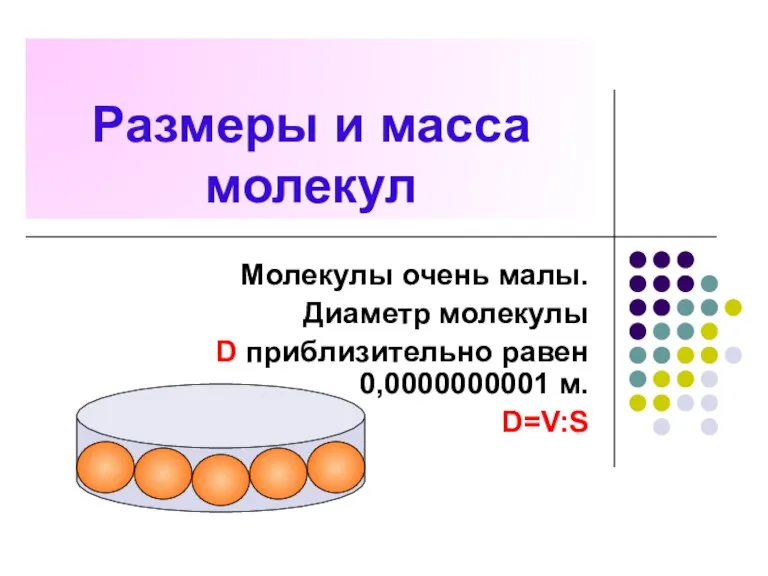 Размеры и масса молекул Молекулы очень малы. Диаметр молекулы D приблизительно равен 0,0000000001 м. D=V:S S