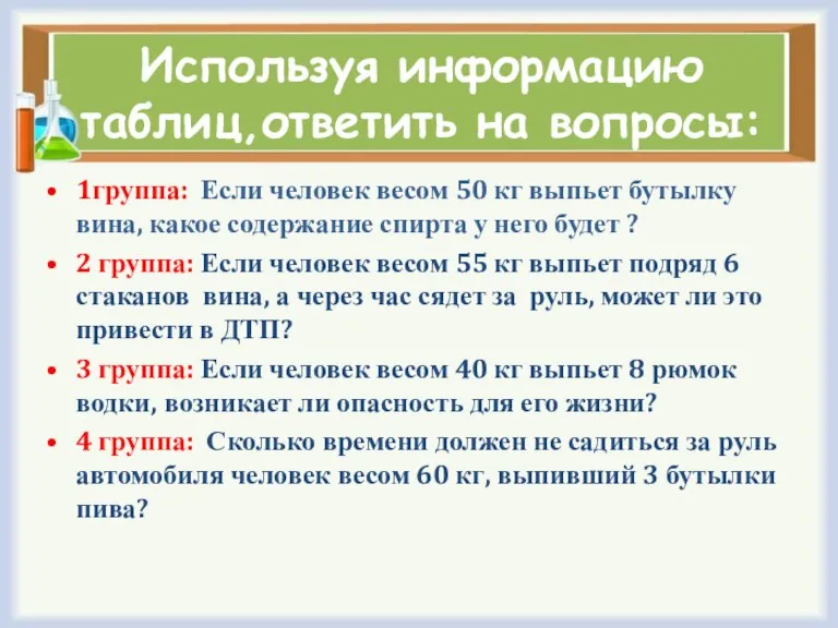 Используя информацию таблиц,ответить на вопросы: 1группа: Если человек весом 50 кг выпьет