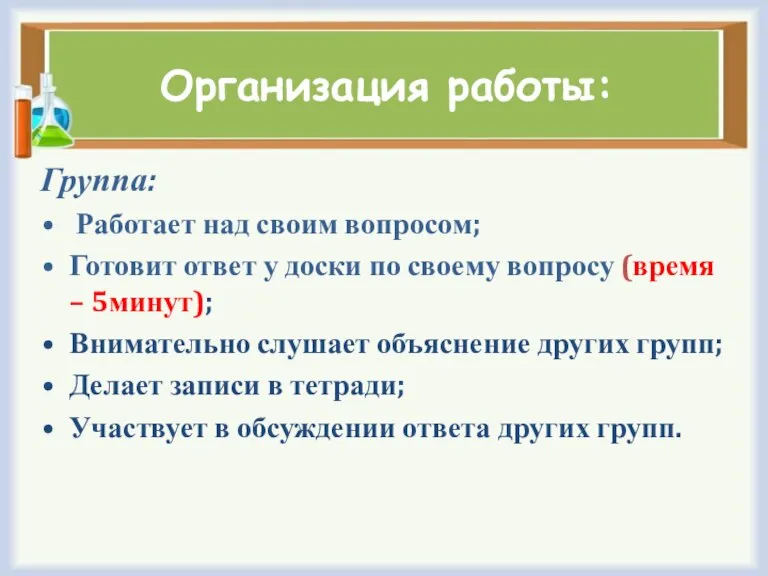 Организация работы: Группа: Работает над своим вопросом; Готовит ответ у доски по