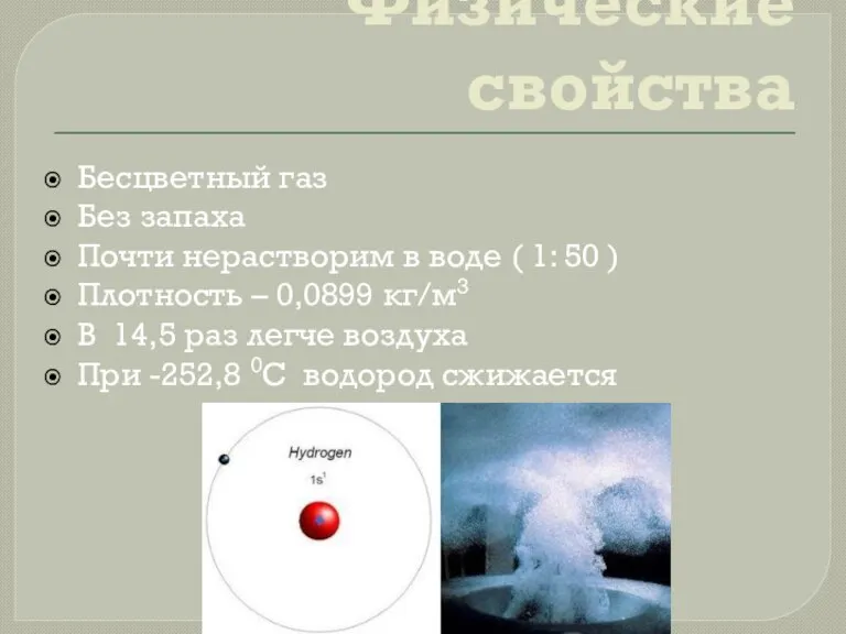 Физические свойства Бесцветный газ Без запаха Почти нерастворим в воде ( 1: