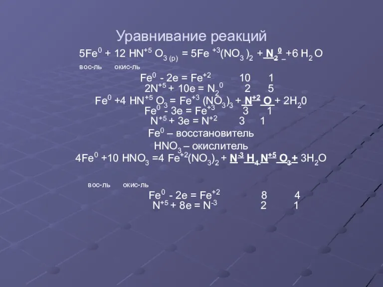 Уравнивание реакций 5Fe0 + 12 HN+5 O3 (p) = 5Fe +3(NO3 )2