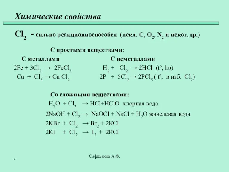 Химические свойства Cl2 - сильно реакционноспособен (искл. C, O2, N2 и некот.