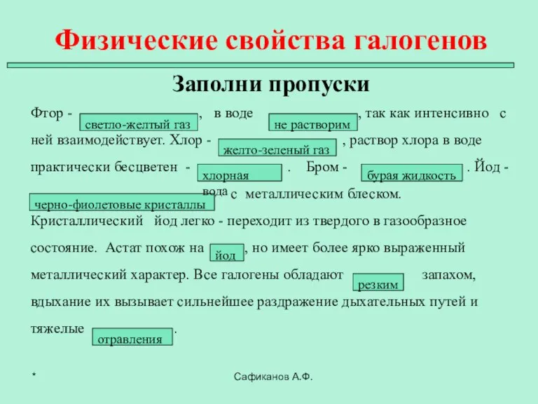 Физические свойства галогенов Заполни пропуски Фтор - , в воде , так