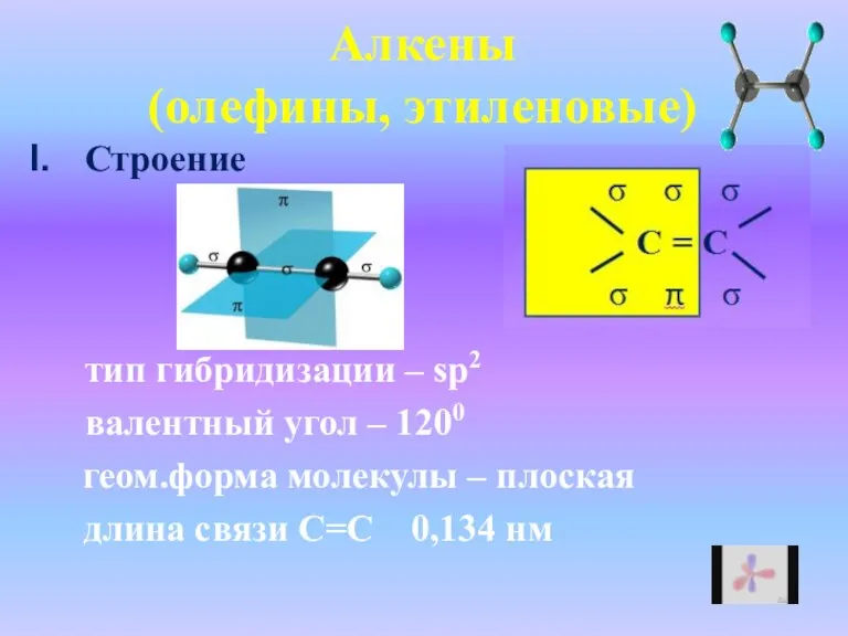 Алкены (олефины, этиленовые) Строение тип гибридизации – sp2 валентный угол – 1200