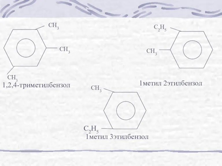 CH3 CH3 CH3 1,2,4-триметилбензол CH3 C2H5 1метил 2этилбензол CH3 1метил 3этилбензол C2H5