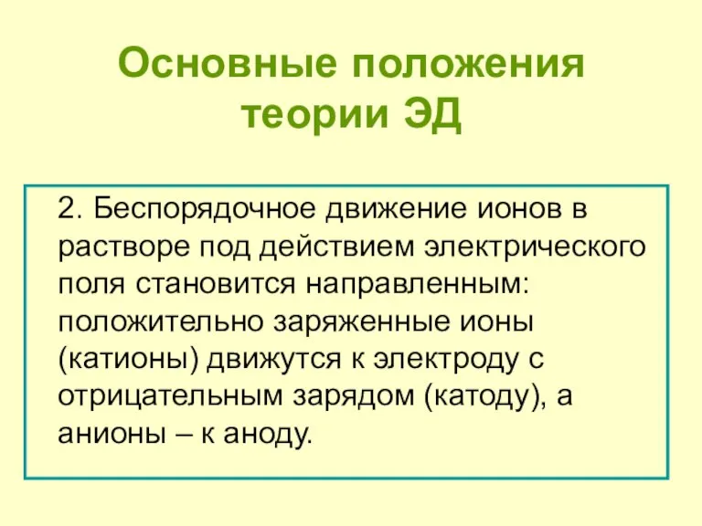 Основные положения теории ЭД 2. Беспорядочное движение ионов в растворе под действием