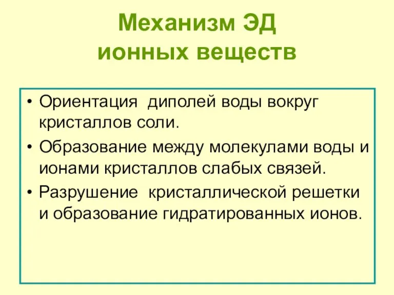 Механизм ЭД ионных веществ Ориентация диполей воды вокруг кристаллов соли. Образование между