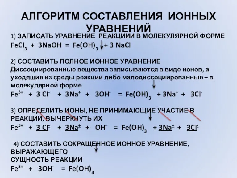 1) ЗАПИСАТЬ УРАВНЕНИЕ РЕАКЦИИИ В МОЛЕКУЛЯРНОЙ ФОРМЕ FeCI3 + 3NaOH = Fe(OH)3