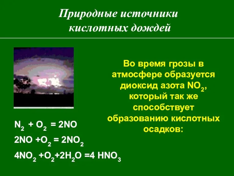 Природные источники кислотных дождей Во время грозы в атмосфере образуется диоксид азота