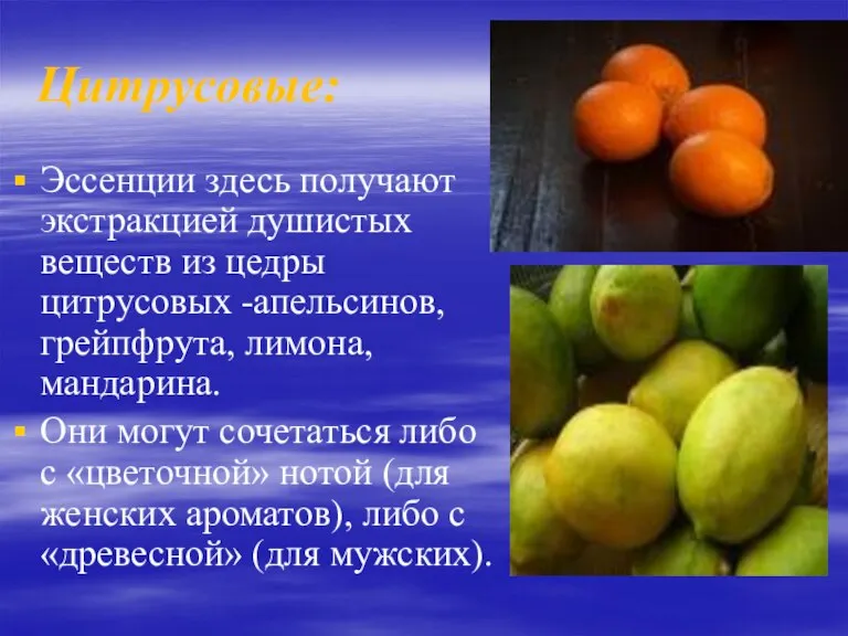 Цитрусовые: Эссенции здесь получают экстракцией душистых веществ из цедры цитрусовых -апельсинов, грейпфрута,