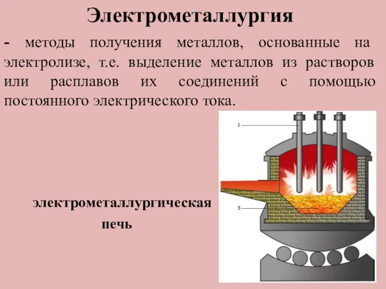 . Электрометаллургия - методы получения металлов, основанные на электролизе, т.е. выделение металлов