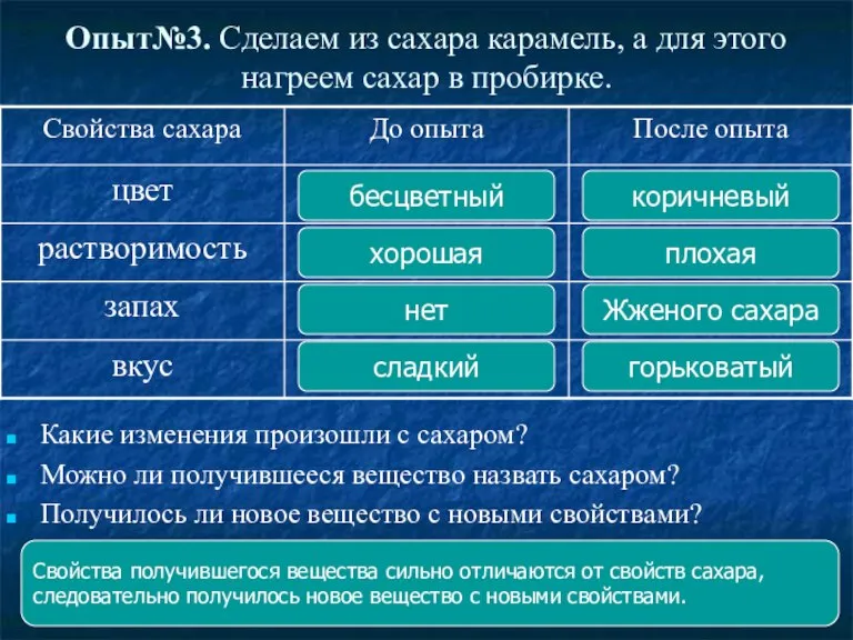 Опыт№3. Сделаем из сахара карамель, а для этого нагреем сахар в пробирке.