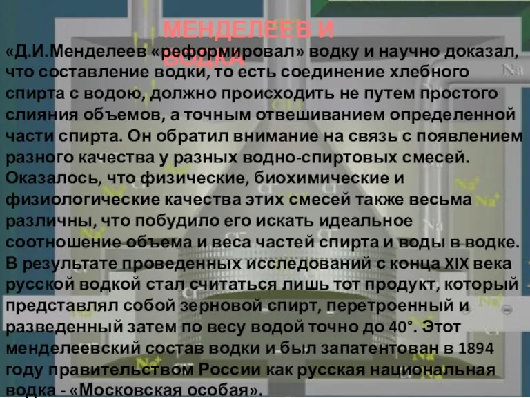 МЕНДЕЛЕЕВ И ВОДКА «Д.И.Менделеев «реформировал» водку и научно доказал, что составление водки,