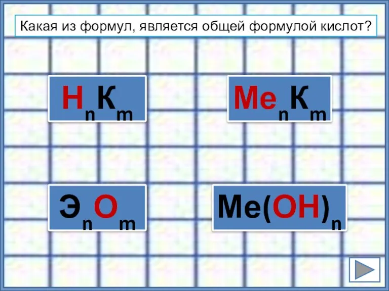 ЭnОm Ме(ОН)n НnКm Какая из формул, является общей формулой кислот? МеnКm