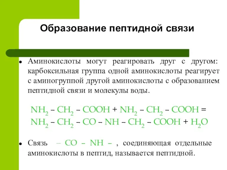Образование пептидной связи NH2 – CH2 – COOH + NH2 – CH2