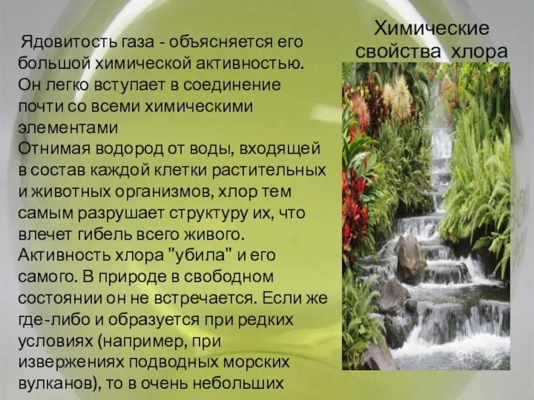 Ядовитость газа - объясняется его большой химической активностью. Он легко вступает в