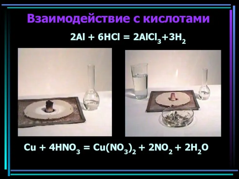 Взаимодействие с кислотами 2Al + 6HCl = 2AlCl3+3H2 Cu + 4HNO3 =