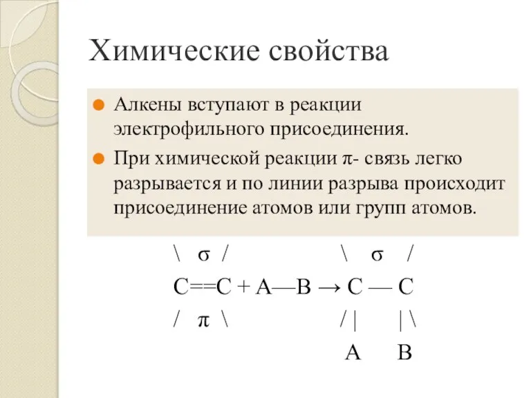 Химические свойства \ σ / \ σ / C==C + A—B →