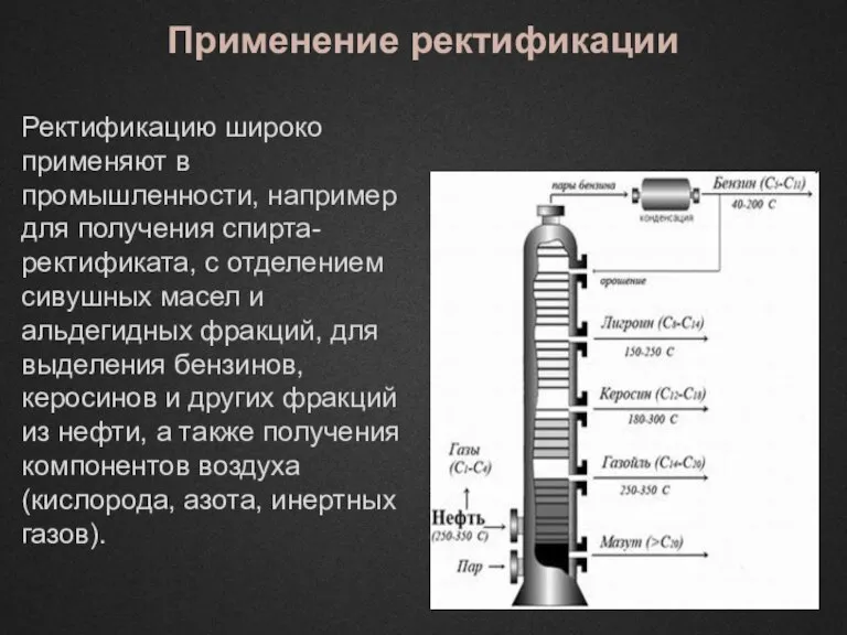 Применение ректификации Ректификацию широко применяют в промышленности, например для получения спирта-ректификата, с