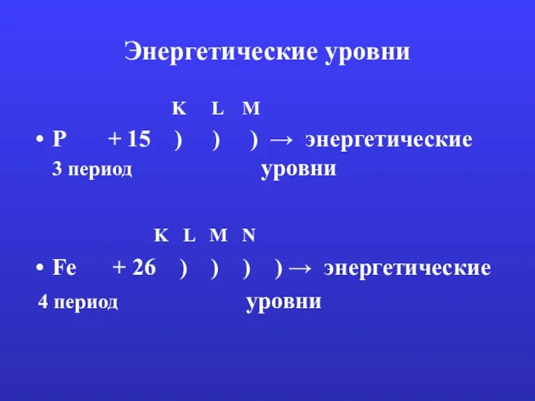 Энергетические уровни K L M Р + 15 ) ) ) →