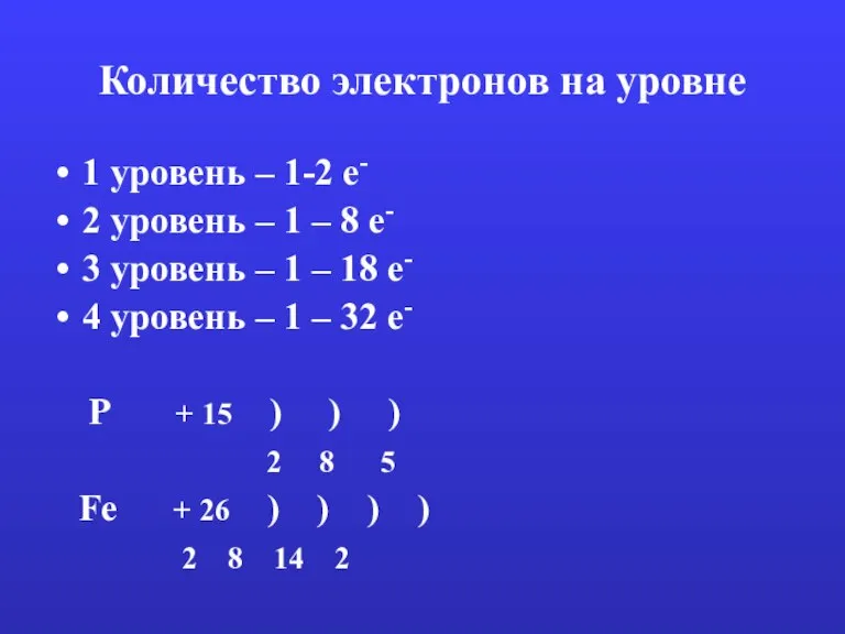 Количество электронов на уровне 1 уровень – 1-2 е- 2 уровень –