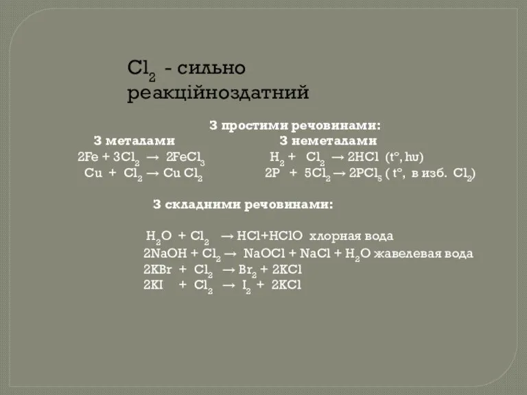 Cl2 - сильно реакційноздатний З простими речовинами: З металами З неметалами 2Fe