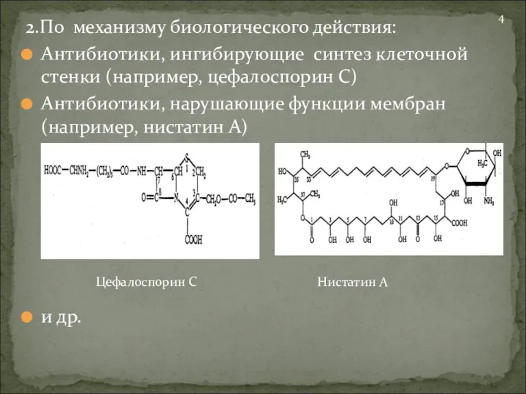 2.По механизму биологического действия: Антибиотики, ингибирующие синтез клеточной стенки (например, цефалоспорин С)