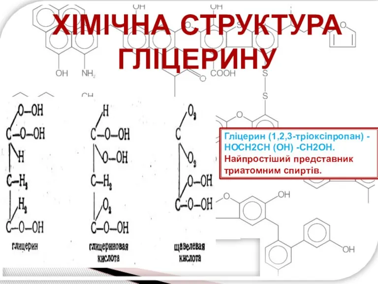 Хімічна структура Гліцерину Гліцерин (1,2,3-тріоксіпропан) - HOCH2CH (OH) -CH2OH. Найпростіший представник триатомним спиртів.