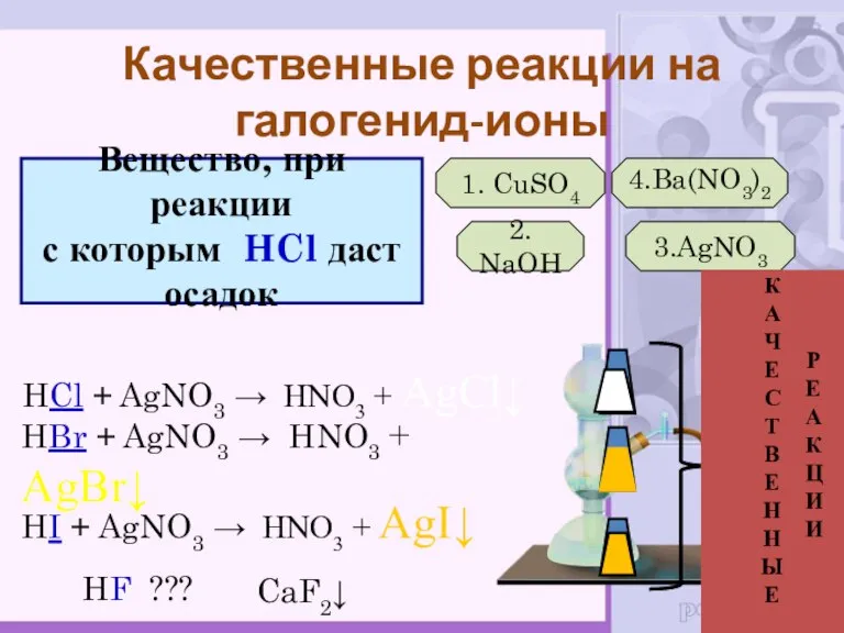 Вещество, при реакции с которым HCl даст осадок 1. CuSO4 2. NaOH