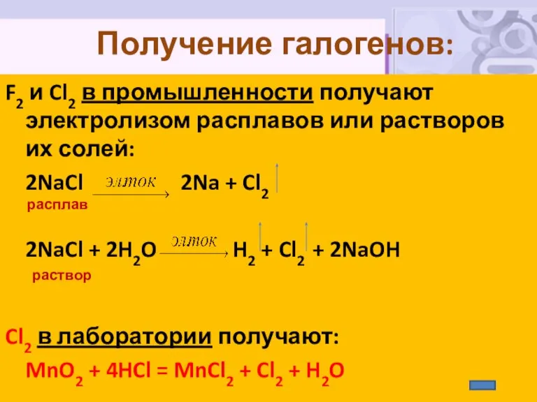 Получение галогенов: F2 и Cl2 в промышленности получают электролизом расплавов или растворов