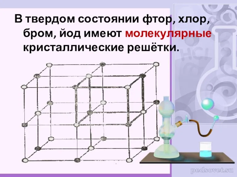 В твердом состоянии фтор, хлор, бром, йод имеют молекулярные кристаллические решётки.