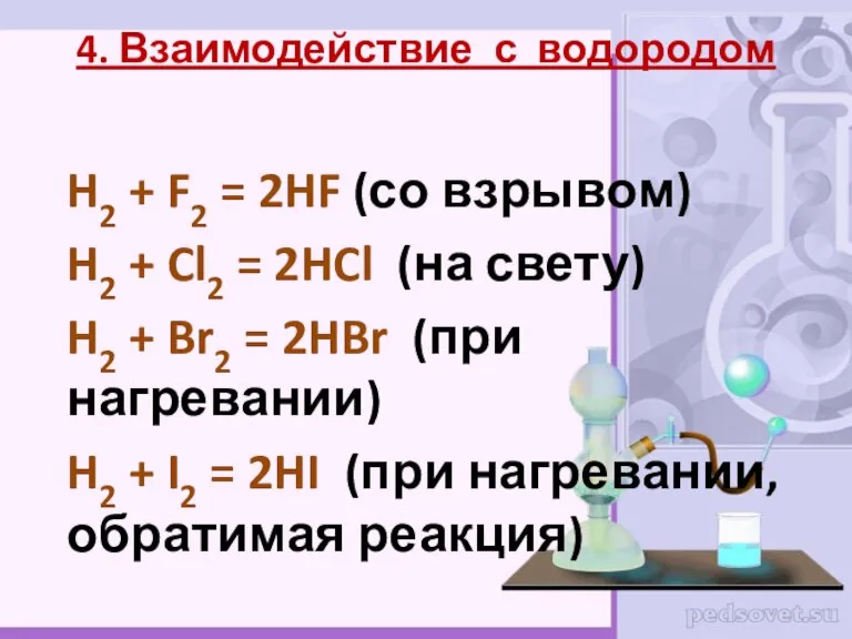 H2 + F2 = 2HF (со взрывом) H2 + Cl2 = 2HCl