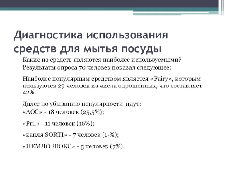 Диагностика использования средств для мытья посуды Какие из средств являются наиболее используемыми?