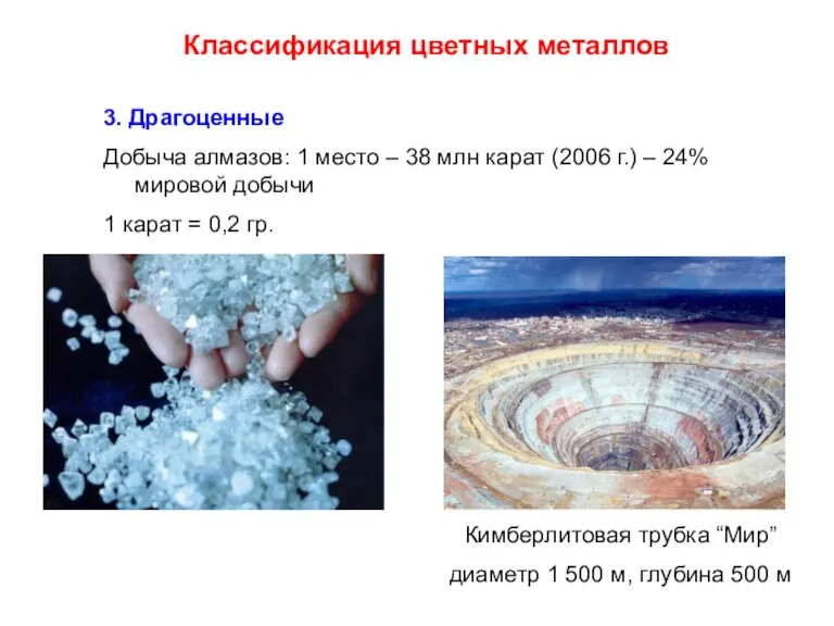 Классификация цветных металлов 3. Драгоценные Добыча алмазов: 1 место – 38 млн