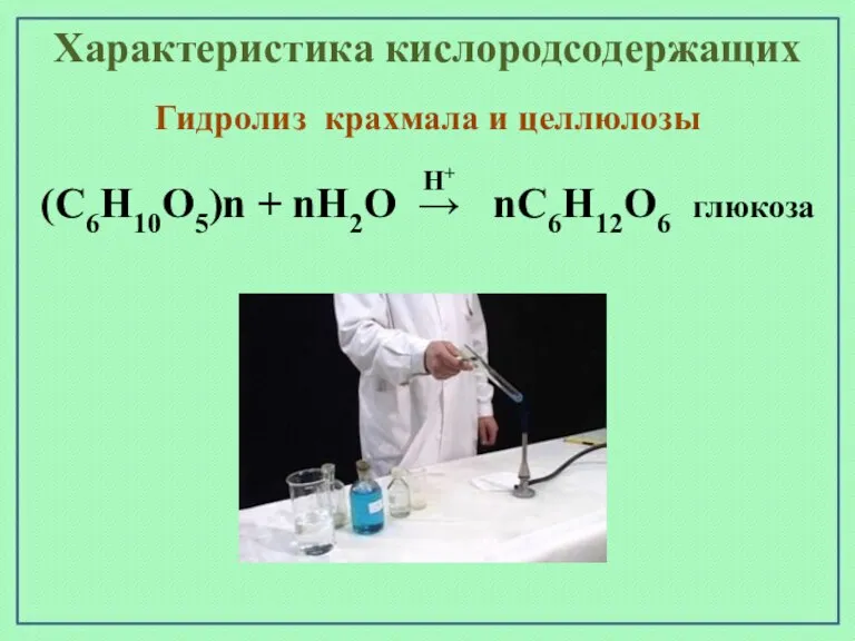 Характеристика кислородсодержащих Гидролиз крахмала и целлюлозы (С6Н10О5)n + nН2О → nС6Н12О6 глюкоза Н+