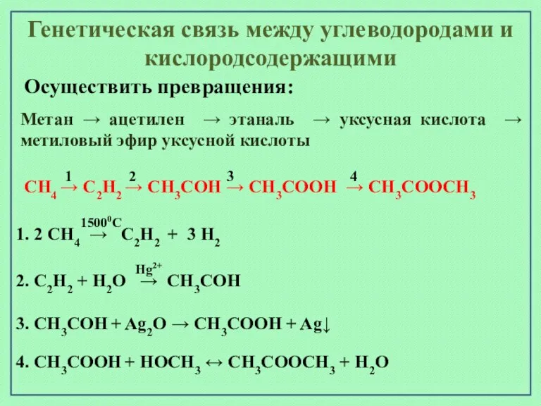Генетическая связь между углеводородами и кислородсодержащими Осуществить превращения: Метан → ацетилен →