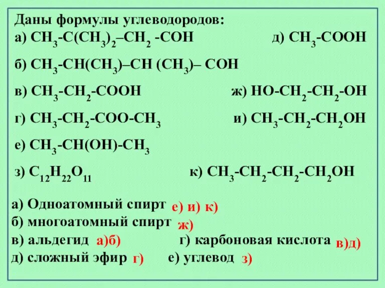 Даны формулы углеводородов: а) CH3-C(CH3)2–CH2 -CОH д) CH3-CООH б) CH3-CН(CH3)–CH (CH3)– CОH