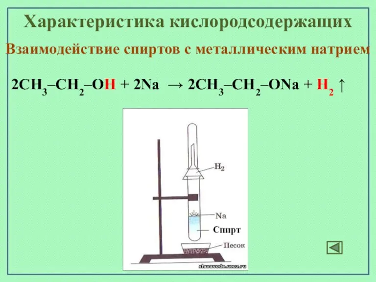 Взаимодействие спиртов с металлическим натрием 2CH3–CH2–OH + 2Na → 2CH3–CH2–ONa + H2 ↑ Характеристика кислородсодержащих