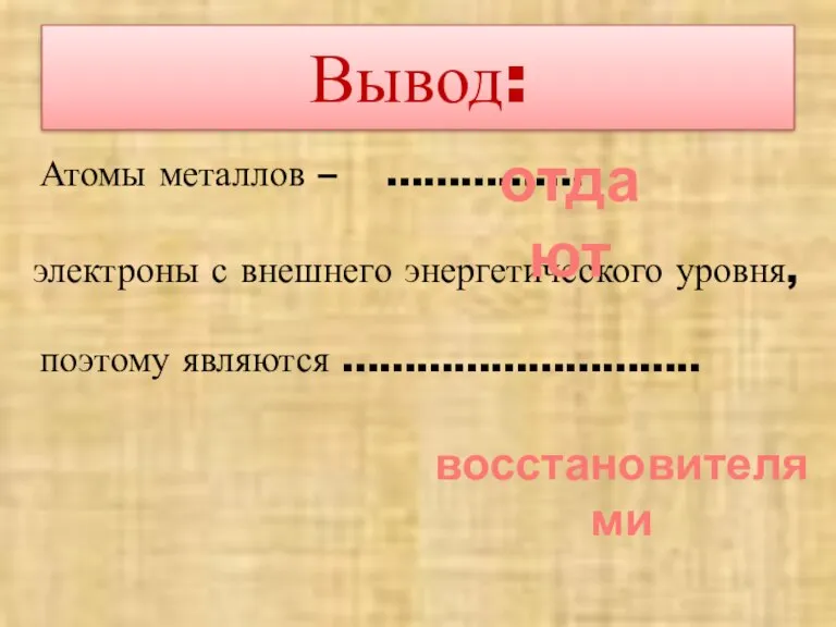 Вывод: Атомы металлов – ……………. электроны с внешнего энергетического уровня, поэтому являются ……………………….. отдают восстановителями