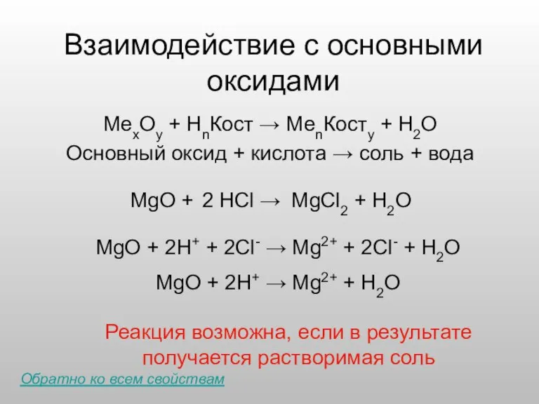 Взаимодействие с основными оксидами МеxOy + HnКост → МеnКостy + H2O Основный