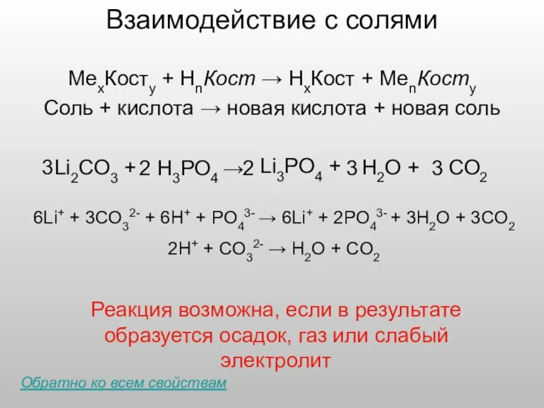 Взаимодействие с солями МеxКостy + HnКост → HхКост + МеnКостy Соль +